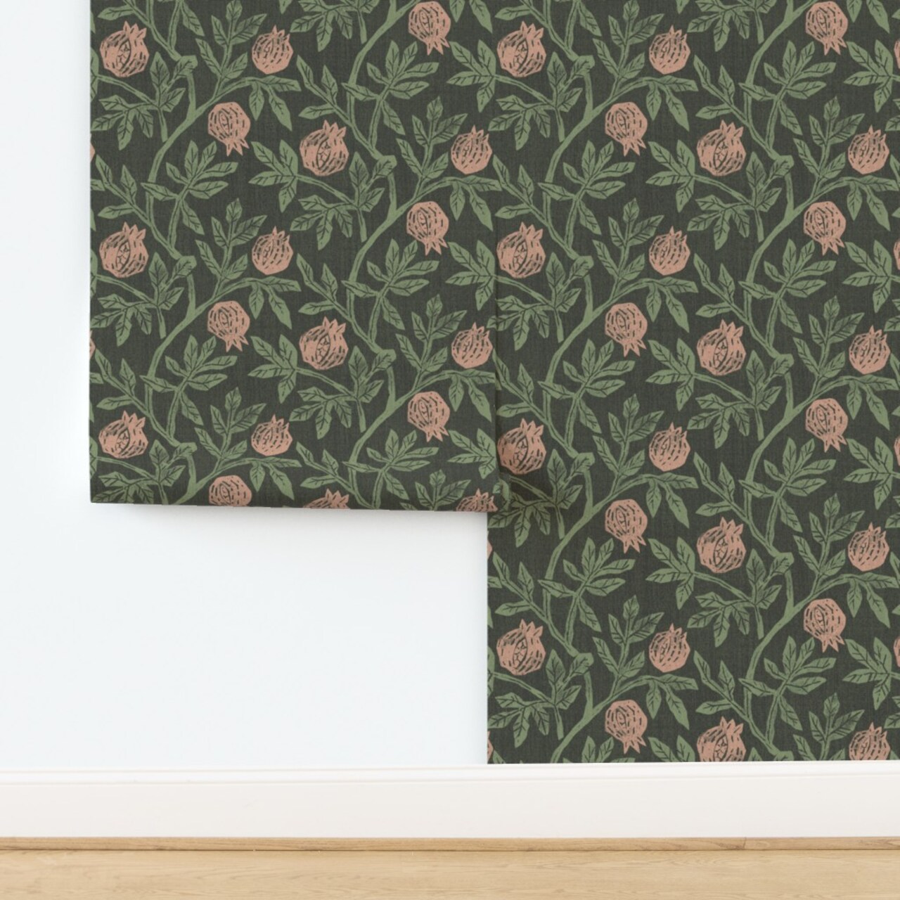 Moody Pomegranate Modern Botanical Fruit Arts And Crafts Nouveau Vintage Style Retro Green Custom Pre-pasted Wallpaper by Spoonflower Pre-Pasted Wallpaper 2FT Wide